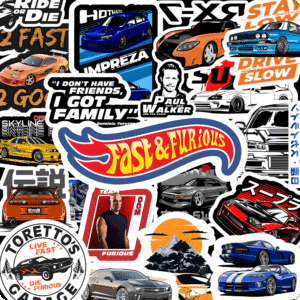 Fast and Furious Movie Car Collection Vinyl Stickers, 50-Pack Waterproof Decals, Sports Cars and Racing Theme