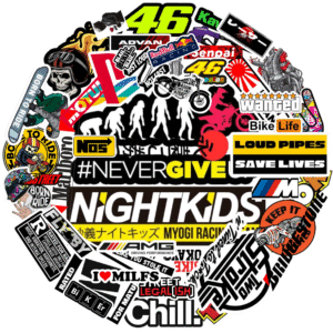 Motorcycle Racing Sticker Pack, Night Kids AMG Design, Waterproof Vinyl Decals for Laptops and Bikes, 50-Piece Set