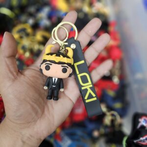 90's Kids Loki Keychain with Crown Figure and Black Strap, Collectible Character Charm (Black)