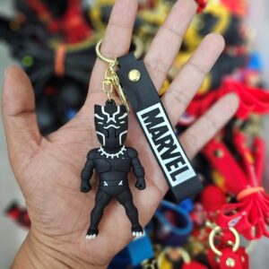 Black Panther Rubber Keychain with Marvel Strap – Superhero Cartoon Keyring
