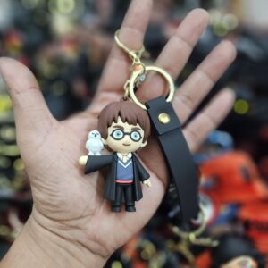 Wizard Boy Cartoon Rubber Keychain with Owl – Fantasy Character Keyring